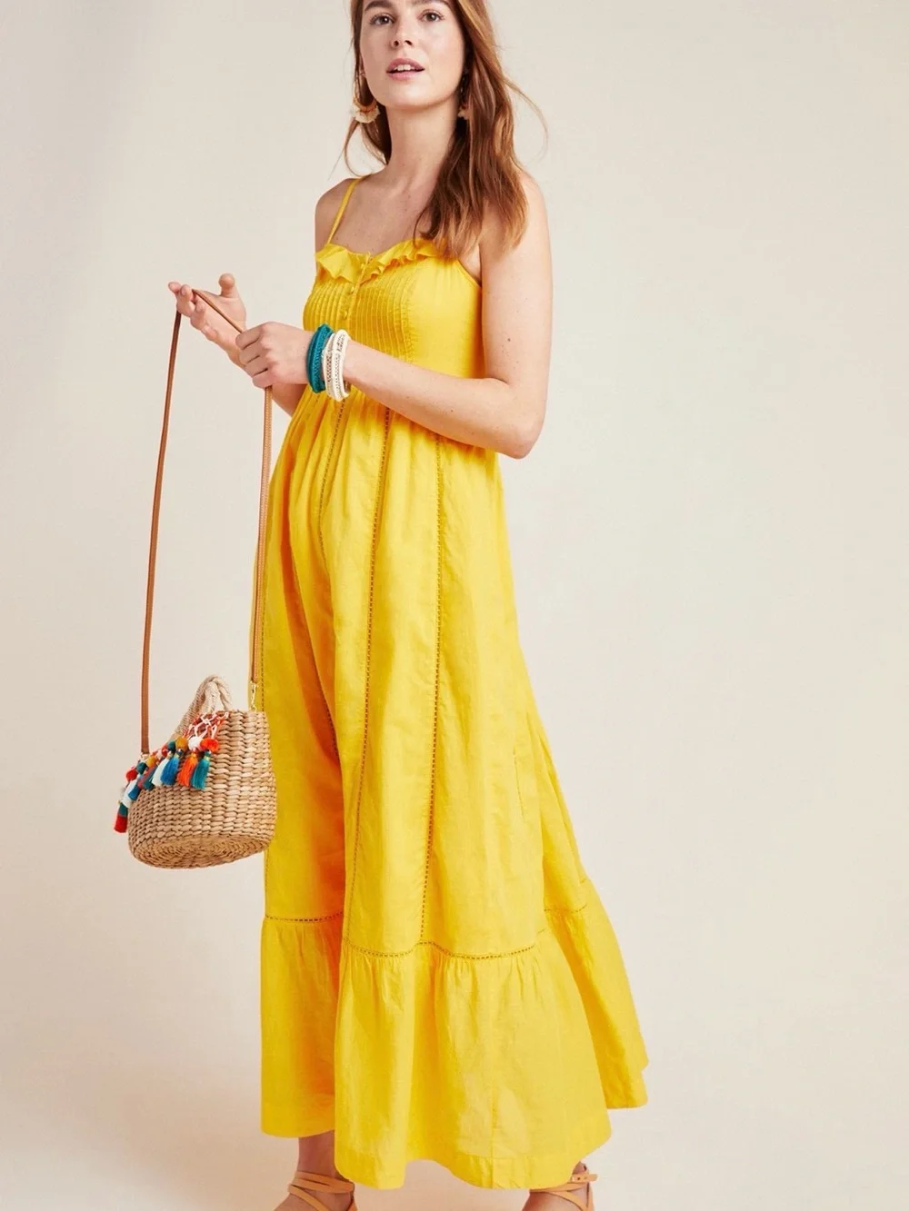 Anthropologie Yellow Ruffle-Trim Maxi Dress